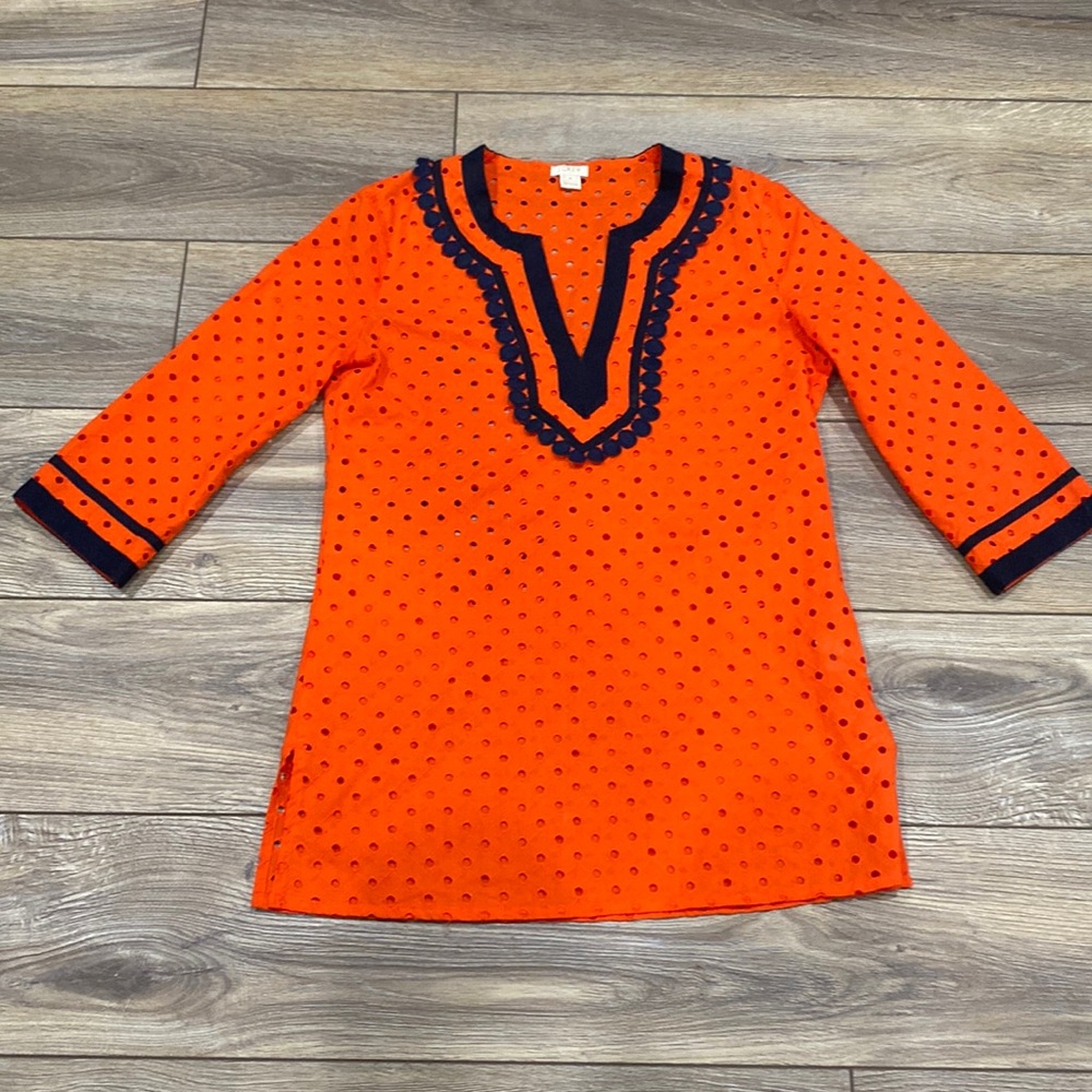 100% Cotton Orange Navy 3/4 Sleeve Eyelet Top Tunic Size XS